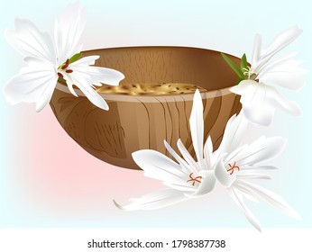 geranium essential oil in a wooden bowl with white geranium flowers