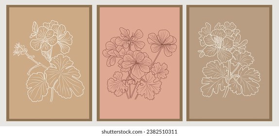 Geranium flower Line Drawing Print vector Set. 