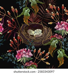 Geranium flowers and bird nest. Embroidery seamless pattern. Halloween background. Template for clothes, t-shirt design