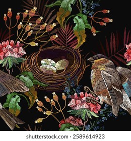 Geranium flowers, bird and nest. Embroidery seamless pattern. Halloween background. Template for clothes, t-shirt design