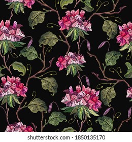 Geranium flowers. Embroidery seamless pattern. Vintage spring template for design of clothes and t-shirt design 