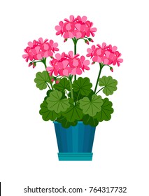 Geranium houseplant in flower pot. Vector icon on white background