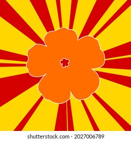 Geranium on a background of red flash explosion radial lines. The large orange symbol is located in the center of the sun, symbolizing the sunrise. Vector illustration on yellow background