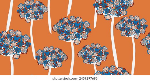 Geranium. Stylized fantasy flowers and leaves in Japanese style vector seamless pattern spring motifs ornament. Retro style.