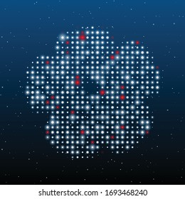 Símbolo de geranio relleno de puntos blancos. Algunos puntos son rojos. Ilustración vectorial sobre fondo azul con estrellas