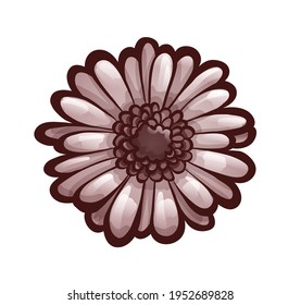 Gerbera bud, top view. Monochrome flower in brown colors with outline, vector illustration isolated on white, object for design