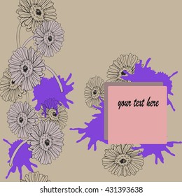 Gerbera or chamomile flowers with abstract backdrops on pastel color background. Flower sketch card with window for text. Hand drawn vector illustration.