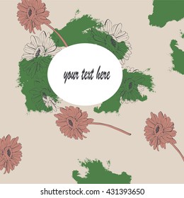 Gerbera or chamomile flowers with abstract backdrops on pastel color background. Flower sketch card with window for text. Hand drawn vector illustration.