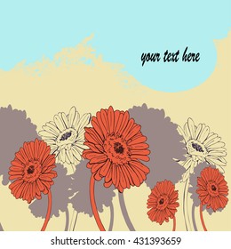 Gerbera or chamomile flowers with abstract backdrops on pastel color background. Flower sketch card with window for text. Hand drawn vector illustration.