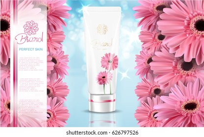 Gerbera cosmetic ads template on beautiful sky blue background with gerbera flowers. Bokeh and sparkles elements. Vector realistic illustration EPS10.