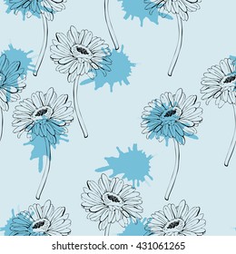 Gerbera daisy or chamomile flowers drawn by ink. Seamless pattern with silhouette flowers and abstract backdrops. Hand drawn vector illustration.