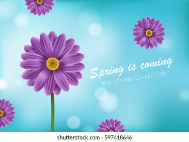 Gerbera daisy flower poster and spring is coming lettering.For web site,placard,wallpaper,flyer and backdrop.Also useful for ads,advert,marketing and advertisement