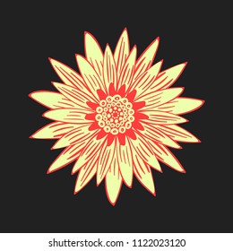 Gerbera or Daisy Isolated. Vector Stylized Flower in Ethnic Style. Beautiful Handwritten Blossom for Tablecloth, Paper, Tile. Vector illustration. African Camomile. Daisy Flower for Pattern. Mandala.