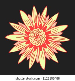 Gerbera or Daisy Isolated. Vector Stylized Flower in Ethnic Style. Beautiful Handwritten Blossom for Tablecloth, Paper, Tile. Vector illustration. African Camomile. Daisy Flower for Pattern. Mandala.