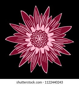 Gerbera or Daisy Isolated. Vector Stylized Flower in Ethnic Style. Beautiful Handwritten Blossom for Tablecloth, Paper, Tile. Vector illustration. African Camomile. Daisy Flower for Pattern. Mandala.