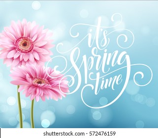 Gerbera Flower Background and Spring Lettering. Vector Illustration EPS10