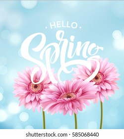 Gerbera Flower Background and Spring Lettering. Vector Illustration EPS10