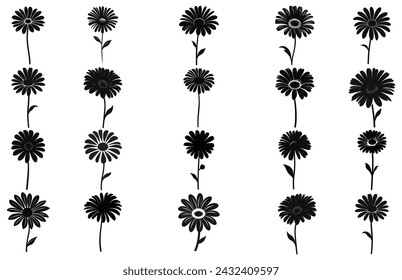 Silueta de flor de Gerbera. Vector de fondo floral con margarita. Vector conjunto de flores de gerbera con tallos aislados sobre un fondo blanco.
