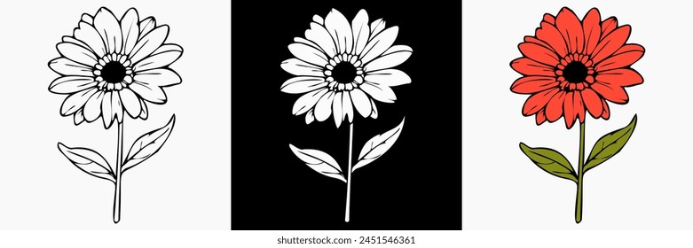 Vector de flores de Gerbera sobre fondo aislado blanco. hermosa ilustración botánica. Silueta floral decorativa.