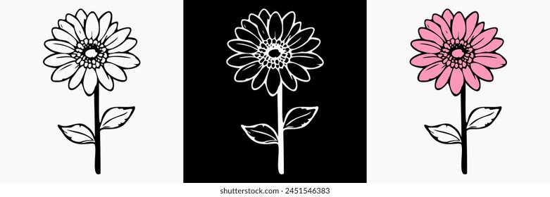 Vector de flores de Gerbera sobre fondo aislado blanco. hermosa ilustración botánica. Silueta floral decorativa.