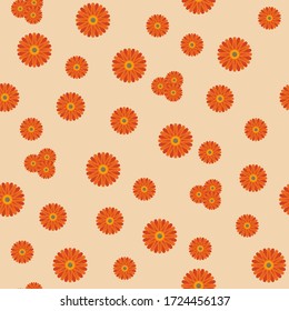 Gerbera flowers of different sizes, one at a time and several pieces against a light orange background. Floral seamless pattern. Vector illustration
