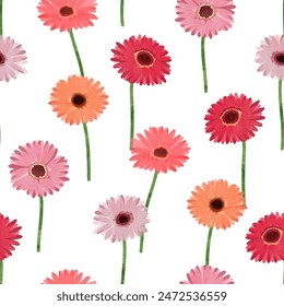 Gerbera flowers seamless floral pattern. Vector watercolor colorful daisy background