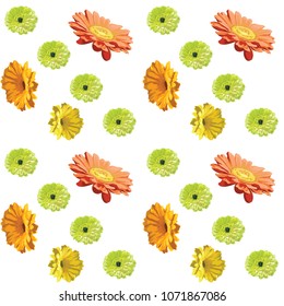 Gerbera flowers-seamless geometric pattern on white background, yellow, orange and green painted vector isolated