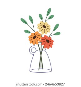 Gerbera mit Blättern Zweige in Glasvase. Blumen in durchsichtigen Krug schneiden. Blütenpflanze für die Innendekoration. Blumendekor im modernen Minimalstil. Flache isolierte Vektorillustration auf Weiß