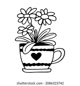 gerbera en un icono de la olla dibujado a mano. vector, minimalismo, escandinavo, monocromo, nórdico. flor de planta adhesiva
