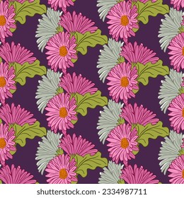 Gerberas mandan un vibrante patrón sin costuras. Patrón vectorial floral sobre fondo morado. Elementos botánicos con un estilo de contorno plano. Adecuado para textiles contemporáneos, papel pintado, papel de envoltura, decoración doméstica