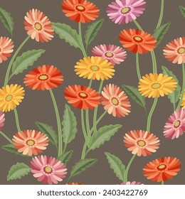 Gerberas. Seamless pattern of bright flowers and leaves of Gerbera plant. Hand-drawn houseplants on a brown background. Vector illustration.