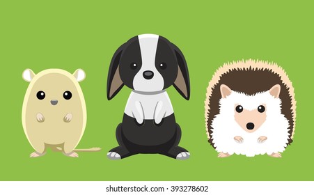 Gerbil Rabbit Hedgehog Pet Doll Set Cartoon Vector Illustration
