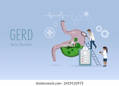 GERD gastroesophageal reflux acid on stomach. Doctor examine digestive disorder stomach causes patient heartburn pain or acid reflux indigestion. Medical and healthcare. 3D vector.