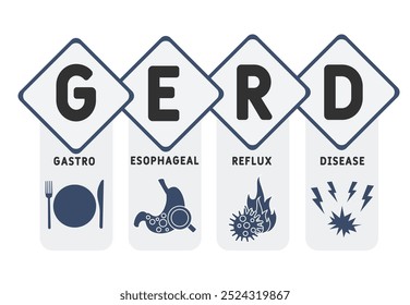 GERD - Enfermedad de reflujo gastroesofágico acrónimo. fondo de concepto médico. concepto de Ilustración vectorial con Palabras claves e íconos. ilustración de letras con íconos para Anuncio de Web, volante, aterrizaje