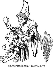 Gerda y la Reina de la Nieve, esta escena muestra a la vieja reina peinando el pelo de una niña, dibujo vintage o ilustración grabadora