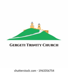 Gergeti Trinity Church in Georgia. The popular name for Holy Trinity Church near the village of Gergeti. This is a great place to visit with amazing beautiful view. Tourist vacation. Flat vector