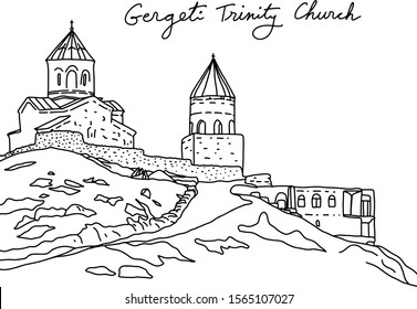 Gergeti Trinity Church or Stepantsminda vector illustration sketch doodle hand drawn with black lines isolated on white background