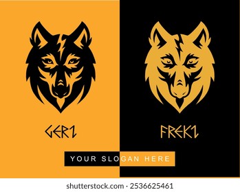 Geri y Freki: Dos lobos de Odín en estilo vikingo escandinavo, aislados en Ilustraciones vectoriales bicolor.