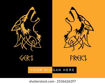 Geri y Freki: Dos lobos de Odín en estilo vikingo escandinavo. La dualidad de la vida y la muerte, aislada en las Ilustraciones vectoriales Bicolor.