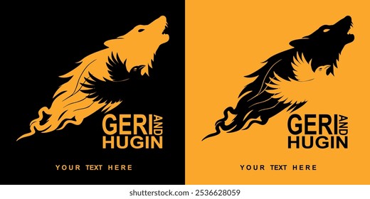 Geri y Hugin: El lobo y el cuervo de Odín, Dios escandinavo. Lobo voraz y pensante aislado en Ilustraciones vectoriales Bicolor.