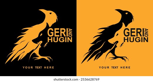 Geri and Hugin: The Wolf and the Raven of Odin, Scandinavian God. Ravenous and thinking wolf isolated in Bicolor vector illustrations.