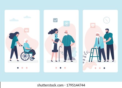 Geriatric care. Application pages template. Medical consultation. Woman doctor and old people. Clinic room interior with furniture. Sick elderly persons. Patient in hospital. Vector illustration