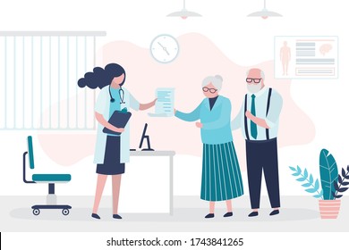 Geriatric care banner. Medical consultation, woman doctor gives prescription to old people. Clinic room interior with furniture. Sick elderly couple. Patients in hospital. Flat vector illustration