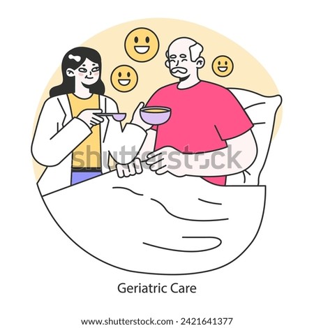 Geriatric Care concept. Providing compassionate care for the elderly. Ensuring comfort and happiness in later life stages. Flat vector illustration.