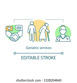 Geriatric Concept Icon. Nursing Services Idea Thin Line Illustration. Special Senior Care. Assisted Living. Home Healthcare. Medical Treatment. Vector Isolated Outline Drawing. Editable Stroke