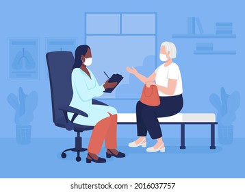 Geriatric Counseling Flat Color Vector Illustration. Doctor Visit During Covid. Health Center. Primary Care Physician And Old Patient 2D Cartoon Characters With Private Clinic On Background