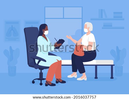 Geriatric counseling flat color vector illustration. Doctor visit during covid. Health center. Primary care physician and old patient 2D cartoon characters with private clinic on background