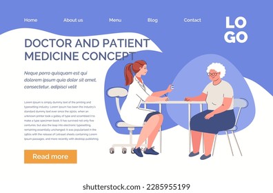 Geriatric doctor prescribes medicine to old woman. Health Center. Nursing care of elderly patient. Website, template, landing page. Vector characters flat cartoon illustration.