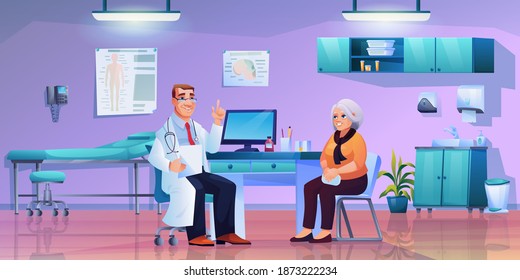 Geriatric medicine specialist on consultation with eldery woman, doctors cabinet office interior. Vector rheumatologist or general practitioner and old lady. Specialist with stethoscope and list