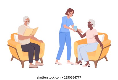 Geriatric nurse caring about seniors semi flat color vector characters. Caregiver. Editable figures. Full body people on white. Simple cartoon style illustration for web graphic design and animation